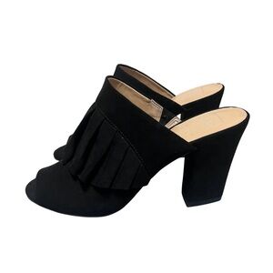 Kaari Blue Black Ruffle Heeled Mules